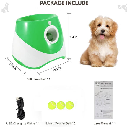 Dog ball launcher with tennis balls and USB cable, including dimensions and packaging details.