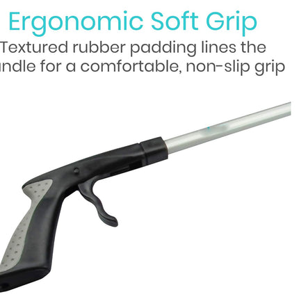 Ergonomic soft grip handle with text on a white background