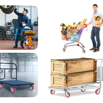 A collage showing four different types of industrial and utility carts: a tire changer cart, a grocery shopping cart, a blue flatbed pallet cart, and a double wooden crate cart on wheels.