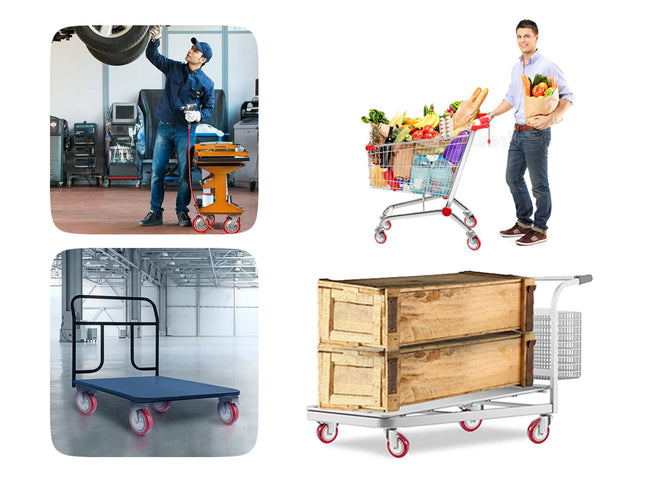A collage showing four different types of industrial and utility carts: a tire changer cart, a grocery shopping cart, a blue flatbed pallet cart, and a double wooden crate cart on wheels.