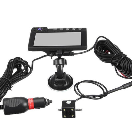 Car backup camera system with monitor, cable, and power adapter on a white background