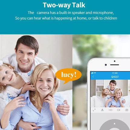 Family using a two-way talk device with app interface displayed.
