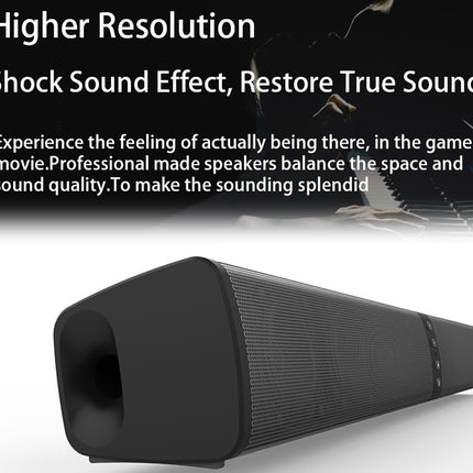 Black soundbar with text about higher resolution and shock sound effect on a white background