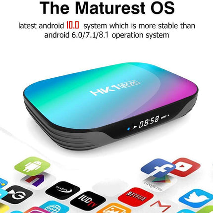 Smart TV box with colorful display and app icons at the bottom on a white background