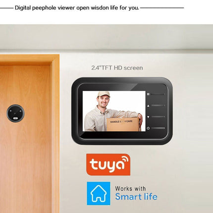 A Tuya digital peephole video intercom system shown installed on a light wood door next to a beige wall. The wall features a black-framed 2.