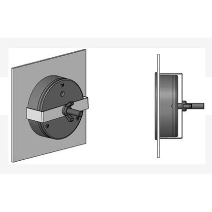 Technical line drawing showing a circular wall-mounted fixture from two angles: a front view with a square plate and a side profile view with a vertical mounting strip.