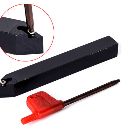 Black metal tool with red handle on a white background