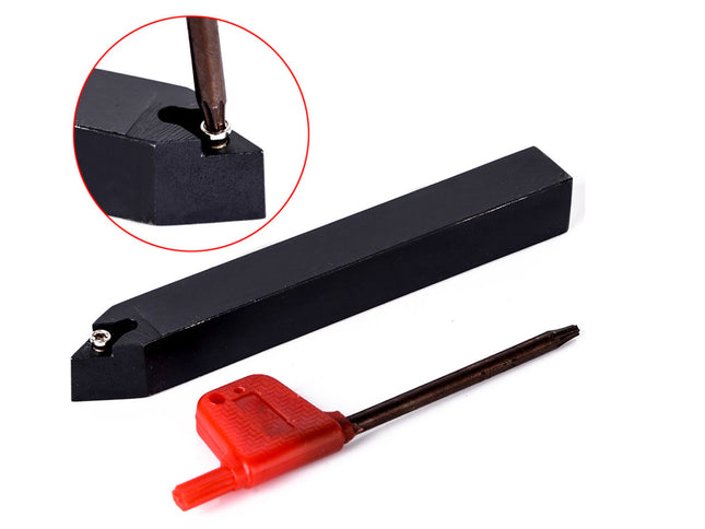 Black metal tool with red handle on a white background