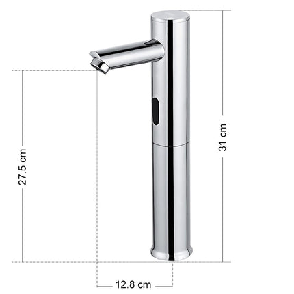 A chrome automatic soap dispenser faucet with dimension markings showing a height of 31 cm, a total height of 27.5 cm, and a base width of 12.