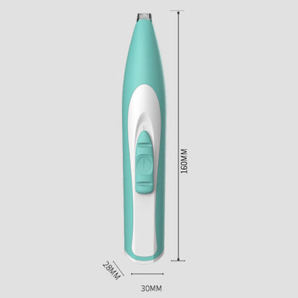 Teal and white electric trimmer with dimensions on a light gray background