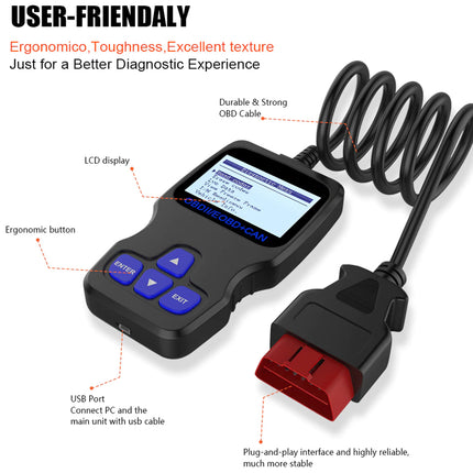 A black OBD diagnostic scanner device with a blue backlit LCD screen, purple buttons, and a coiled black cable, shown on a white background with callout labels explaining features like the LCD display, ergonomic buttons, USB port, and plug-and-play interface.