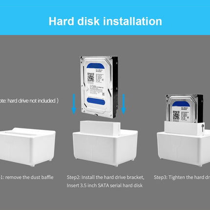 Step-by-step guide for hard disk installation with a blue banner at the top.