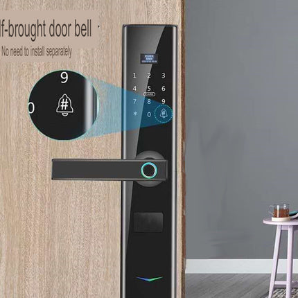 Smart doorbell with digital display on a wooden door