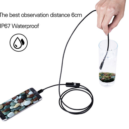 Hand using a waterproof inspection camera with smartphone app on a white background