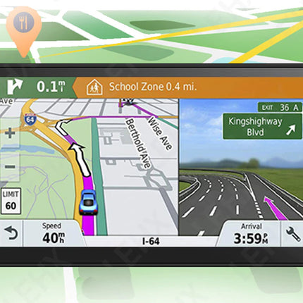 GPS device displaying a map with road information on a green map background