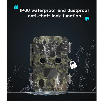 Camouflage-patterned device with water splashes and text about IP66 waterproof and dustproof anti-theft lock function.