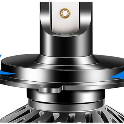 Close-up of a metallic fan blade with blue arrows indicating airflow on a white background.