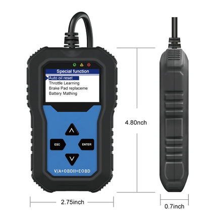 Car diagnostic tool with display screen and measurement dimensions on a white background
