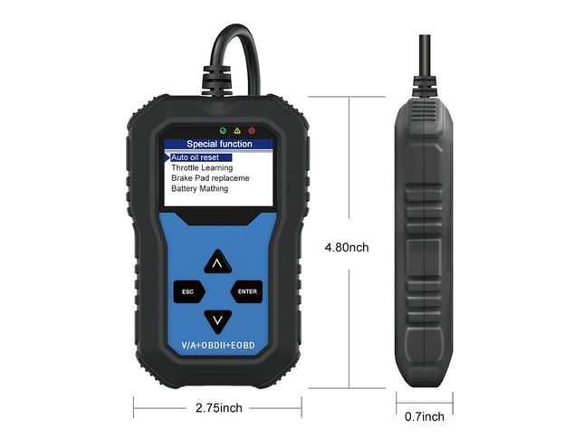 Car diagnostic tool with display screen and measurement dimensions on a white background