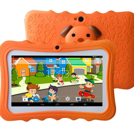 Children's tablet with orange case featuring cartoon characters on a white background