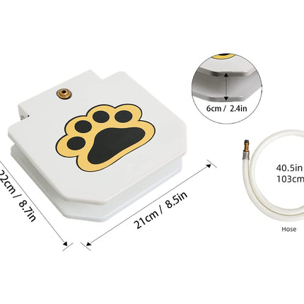 White plastic automatic pet feeder bowl with a yellow and black paw print graphic, shown with dimension labels (22cm x 21cm) and a separate white hose, on a white background.
