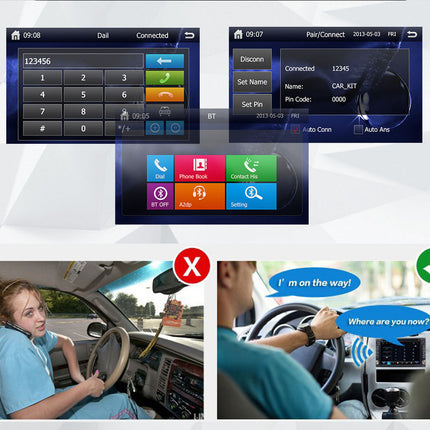 Car infotainment system with user interface and two scenarios of a person using it.