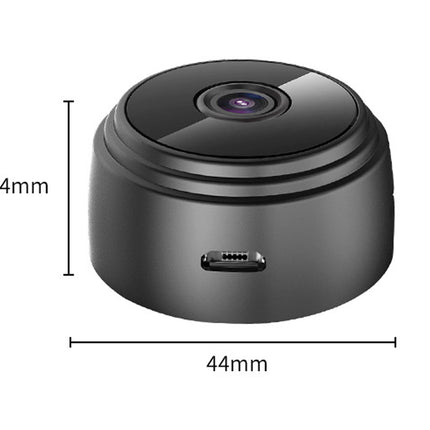 Small black camera with dimensions labeled on a white background
