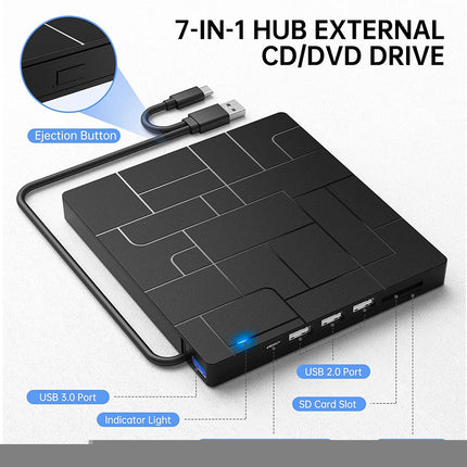 Black 7-in-1 external CD/DVD drive hub with multiple USB 3.0 ports, an SD card slot, and an ejection button, shown on a white background with feature callouts.