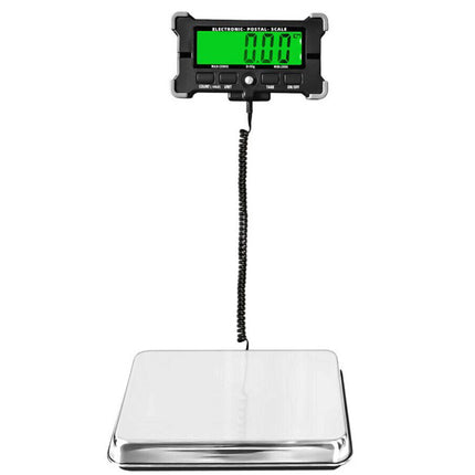 Digital scale with a green display on a white background