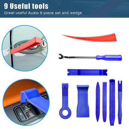 An 8-piece car door lock and trim removal tool set shown on a white background with a blue header. The set includes blue and red plastic pry tools and wedges, with two circular inset photos demonstrating use on a car door handle and window lock.