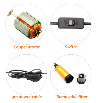 Illustrations of a copper motor, switch, 3m power cable, and removable filter on a white background.