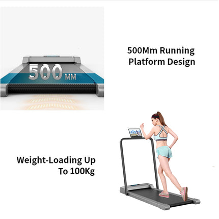 Treadmill with a 500mm running platform design and capacity to load up to 100Kg, featuring a woman using the treadmill.