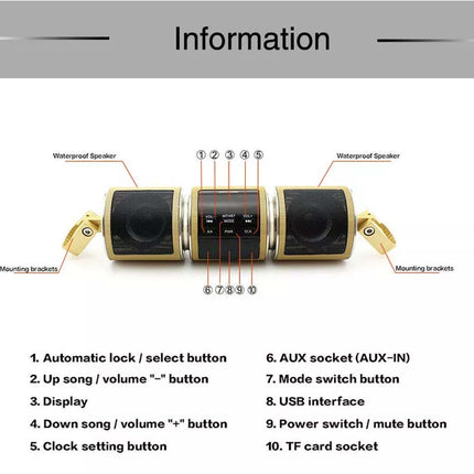 An informational product diagram showing a cylindrical electronic device with labeled parts and a list of features on a white background under the heading 'Information'.