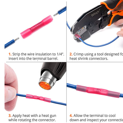 Four-panel instructional diagram showing how to crimp a blue wire connector with a pink heat shrink connector, including steps for stripping insulation, crimping with orange-handled tool, applying heat with a heat gun, and cooling the terminal.