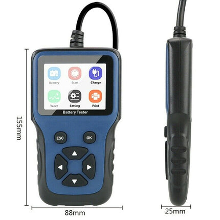 A handheld automotive battery tester device with a blue and black body, shown from the front and side views with dimension labels (159mm, 88mm, 25mm) on a white background.