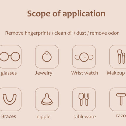 A beige informational graphic titled 'Scope of application' showing icons and labels for compatible items: glasses, jewelry, wrist watch, makeup tools, braces, nipple, tableware, and razor.