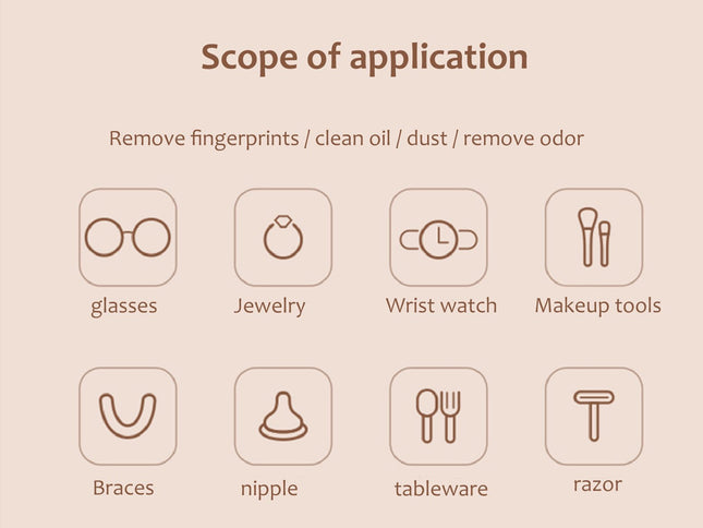 A beige informational graphic titled 'Scope of application' showing icons and labels for compatible items: glasses, jewelry, wrist watch, makeup tools, braces, nipple, tableware, and razor.