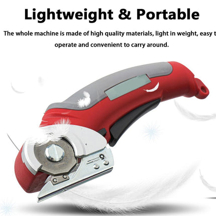 A red and gray handheld rotary tool with a silver metal cutting head, shown on a white background with promotional text reading 'Lightweight & Portable' and descriptive copy about high-quality materials and portability.