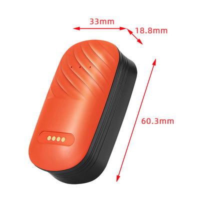 Orange and black device with measurements indicated on a white background
