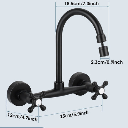 Black kitchen faucet with measurements on a light gray background