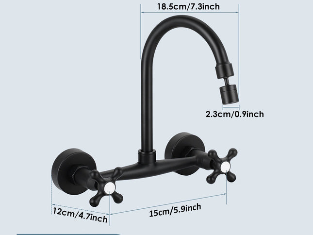 Black kitchen faucet with measurements on a light gray background