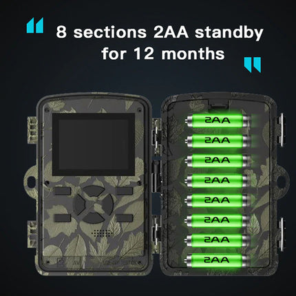 Camouflage-patterned device with batteries and text indicating battery life on a black background