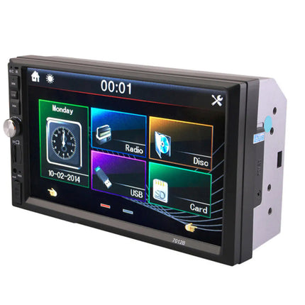 A black in-dash car stereo head unit with a touchscreen display showing various media icons, photographed on a solid white background.