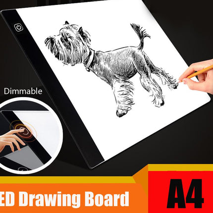 LED drawing board with a dog illustration and a hand holding a pen, labeled 'A4' and 'Dimmable'.