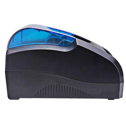 A black and dark gray thermal label printer with a translucent blue top cover, shown from a side profile view on a white background.
