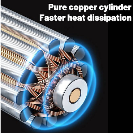 An explanatory product graphic showing a close-up of a cylindrical motor or electrical component with copper wire coils inside, blue glowing heat-dissipation effects, and the text 'Pure copper cylinder Faster heat dissipation' on a black background.