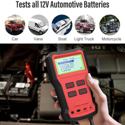 Red automotive battery tester held by a hand with text indicating compatibility for various vehicle types.