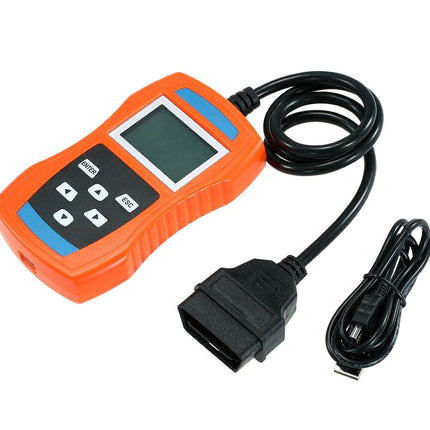 Orange diagnostic tool with cables on a white background