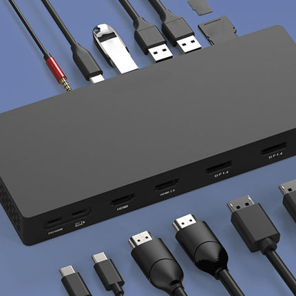 Black USB hub with various cables on a blue background