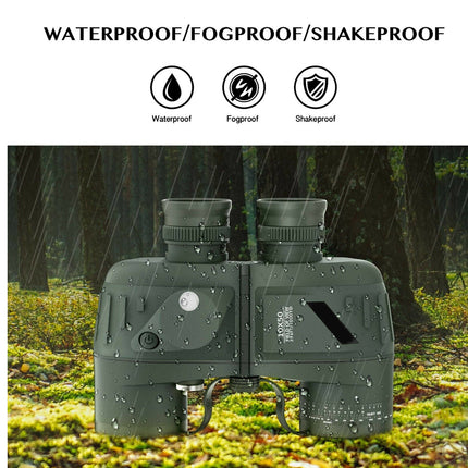 Binoculars in a forest setting with waterproof, fogproof, and shakeproof features highlighted.